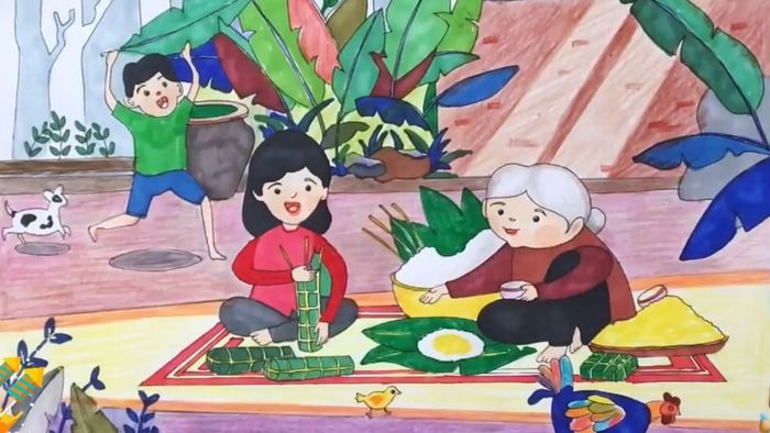 Hình ảnh vẽ tranh ngày Tết gói bánh chưng truyền thống