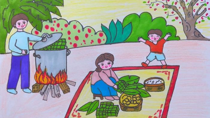 Vẽ tranh ngày Tết nấu bánh với phong cách đơn giản