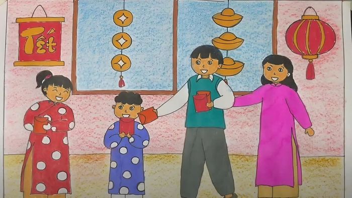 Mẫu tranh vẽ Tết với chủ đề lì xì đáng yêu