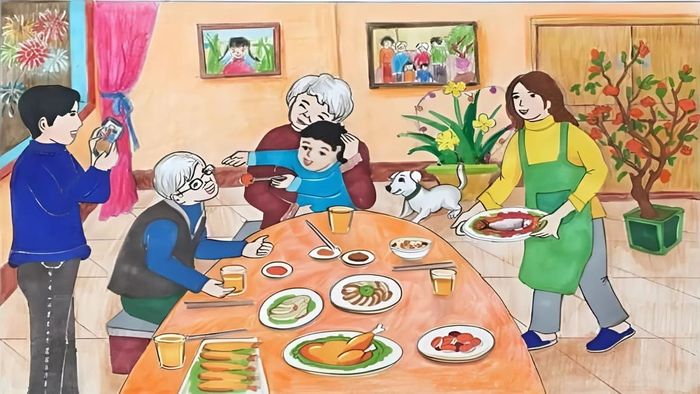 Hình ảnh vẽ tranh ngày Tết trong gia đình ấm áp và thân mật