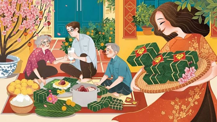 Mẫu tranh vẽ ngày Tết trong gia đình đầy niềm vui