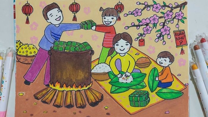 Cùng vẽ tranh Tết với hình ảnh gói bánh chưng đặc trưng
