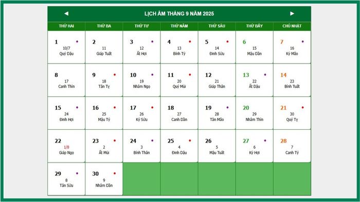 Lịch âm tháng 9 năm 2025
