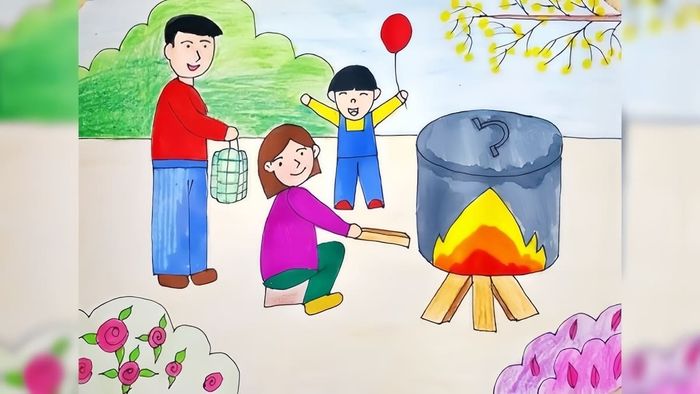 Tải hình ảnh vẽ tranh Tết với chủ đề nấu bánh