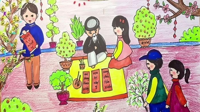 Mẫu tranh vẽ ngày Tết với chủ đề mùa xuân rực rỡ và tươi mới