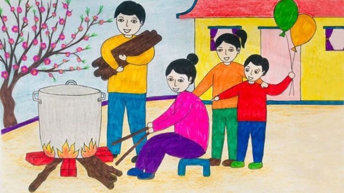 Vẽ tranh Tết nấu bánh cùng con cháu trong không khí ấm cúng