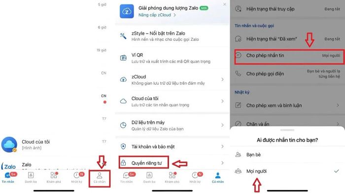 Cách khắc phục lỗi Zalo bị chặn tin nhắn cho người lạ - Điều chỉnh cài đặt “Cho phép nhắn tin”