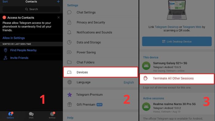 Cách bảo vệ tài khoản Telegram - Kiểm tra các thiết bị đang truy cập tài khoản của bạn.