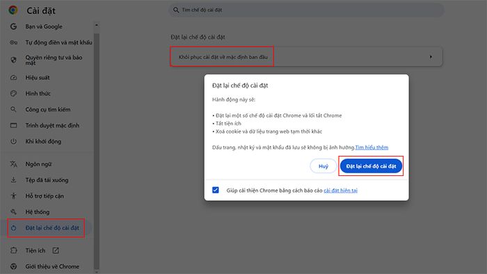 Nhấn Reset Settings để xác nhận việc reset
