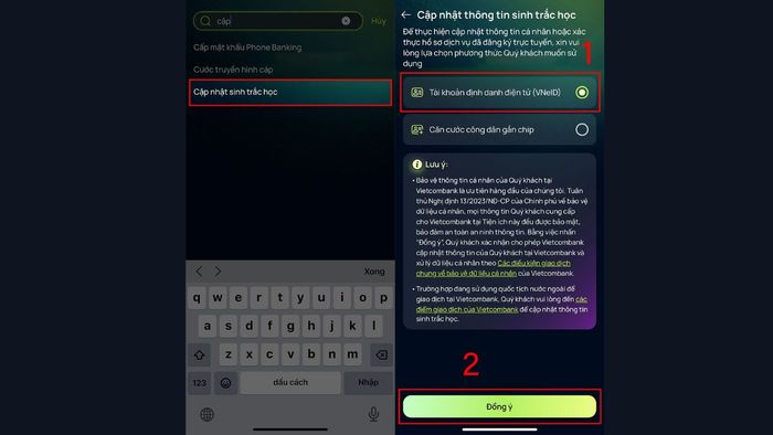 Hướng dẫn cập nhật sinh trắc học qua VNeID cho Vietcombank - bước 1