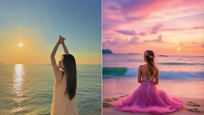 Tạo dáng chụp ảnh biển vào lúc bình minh