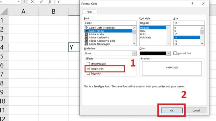 Cách gõ ký hiệu mét vuông, mét khối trong Excel qua hộp thoại Format - bước 2
