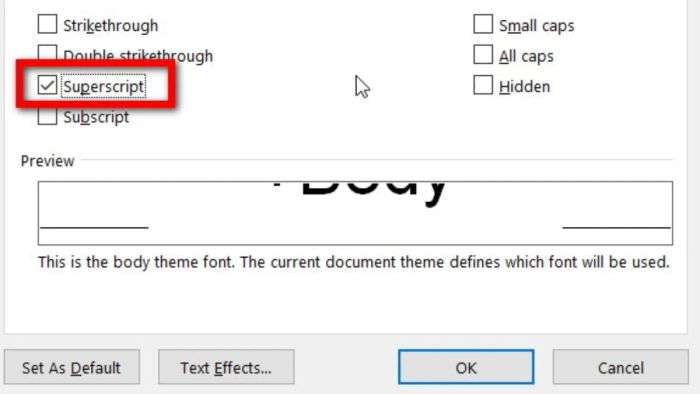 Cách gõ ký hiệu mét vuông, mét khối trong Word qua hộp thoại Font - bước 2