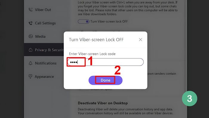 Cài đặt mật khẩu trên ứng dụng Viber - bước 3