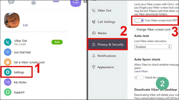Cài đặt mật khẩu trên ứng dụng Viber - bước 2