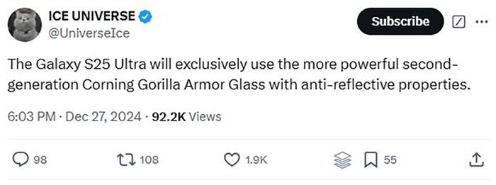Galaxy S25 Ultra sẽ trang bị kính cường lực Gorilla Armor Glass Gen 2.