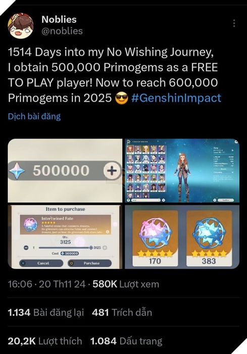 Genshin Impact: Một game thủ gây bất ngờ khi tiết lộ đã tích góp Nguyên Thạch suốt 4 năm dài.