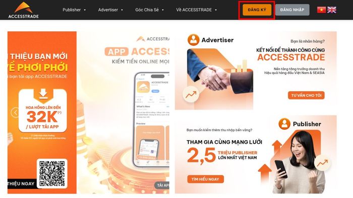 Đăng ký affiliate Lazada tại ACCESSTRADE - bước 1