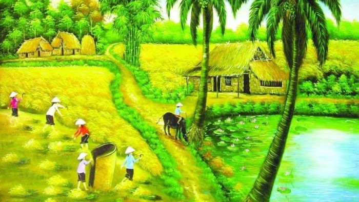 Ảnh vẽ tranh 3D phong cảnh quê hương, tái hiện vẻ đẹp thanh bình của làng quê, mang lại cảm giác ấm áp và gần gũi.