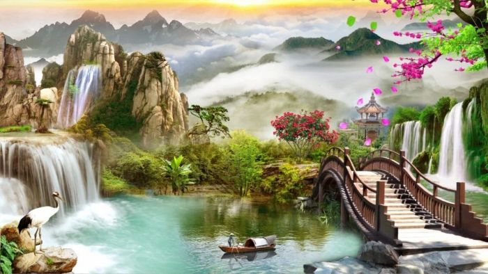 Ảnh vẽ tranh 3D sơn thủy, thể hiện vẻ đẹp tuyệt vời của thiên nhiên qua sự kết hợp tinh tế giữa núi non và dòng nước.