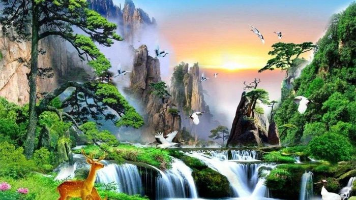 Mẫu vẽ tranh 3D sơn thủy, với sự kết hợp tinh tế giữa các yếu tố thiên nhiên, tạo ra một bức tranh mang lại cảm giác thư giãn và hòa mình vào thiên nhiên.