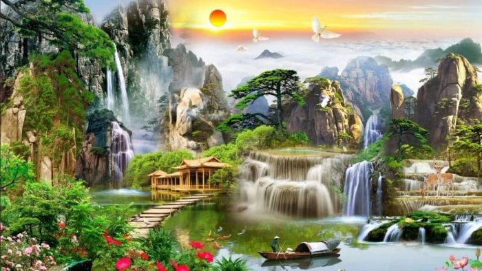Hướng dẫn vẽ tranh 3D sơn thủy, giúp bạn nắm vững kỹ thuật để tạo ra những bức tranh sống động với sự kết hợp tinh tế giữa núi rừng và dòng nước.