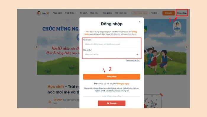Hướng dẫn sử dụng Hoc10 cho học sinh – Bước 1