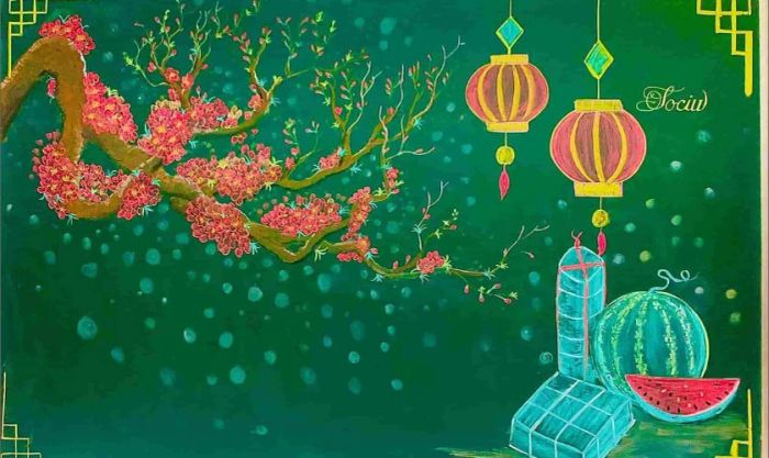 Trang trí bảng với lồng đèn và hoa đào, mang đến không khí Tết tươi mới và đầy sắc xuân