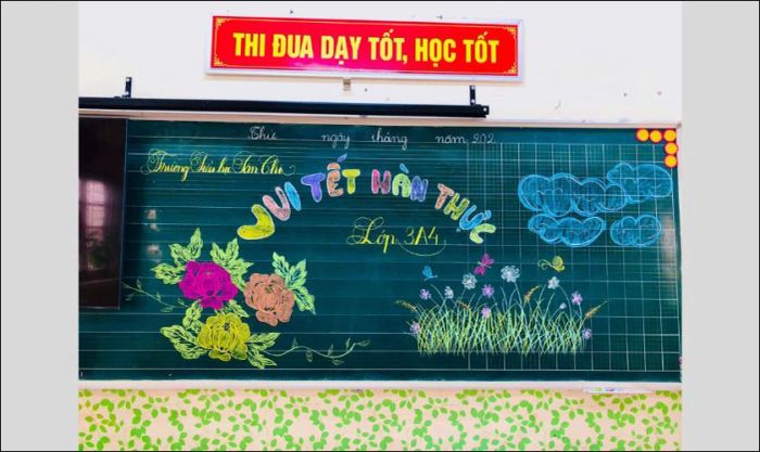 Mẫu trang trí bảng lớp học đón Tết Hàn Thực với hình ảnh hoa lá rực rỡ và ý nghĩa