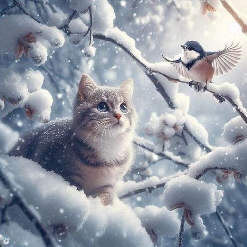 Avatar mèo Giáng sinh meme trong cảnh tuyết rơi và chim nhỏ đáng yêu bay lượn