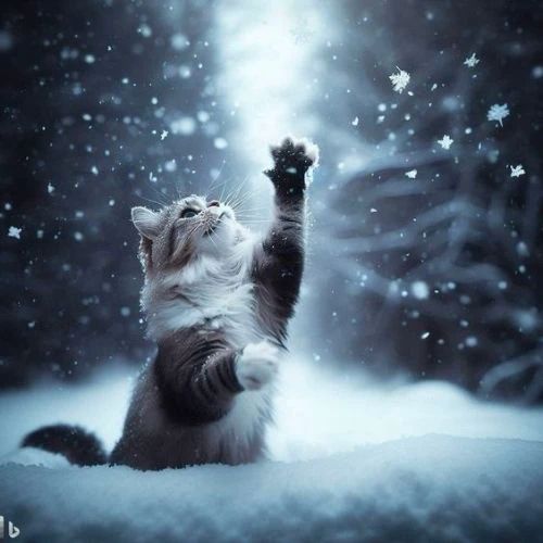 Avatar mèo Giáng sinh meme giữa không gian tuyết rơi, đang bắt từng bông tuyết