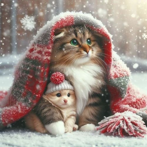 Avatar mẹ con mèo Giáng sinh meme trong khung cảnh tuyết rơi lãng mạn