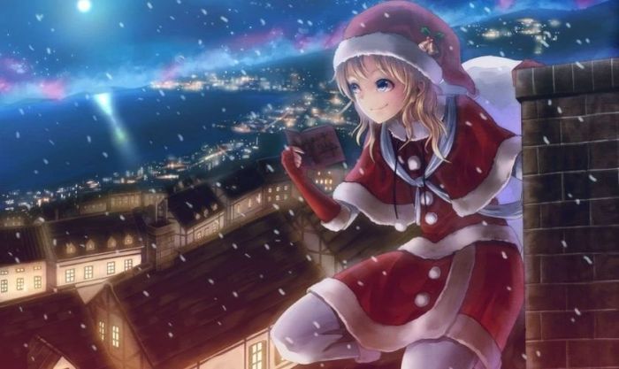 Ảnh anime nữ Giáng Sinh đang ngắm tuyết rơi