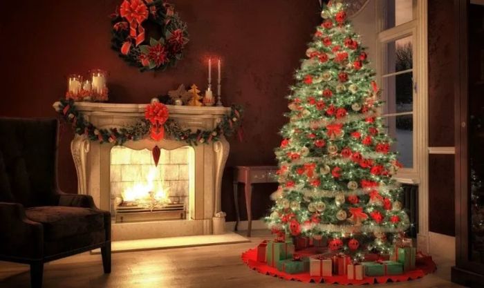 Lò sưởi và cây thông Noel rực rỡ