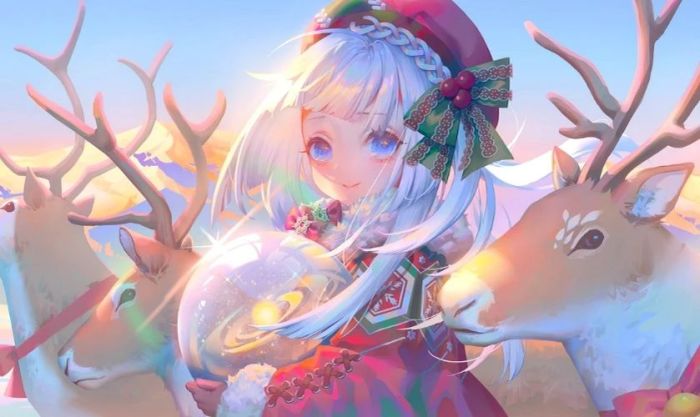 Ảnh anime nữ Giáng Sinh với tuyết rơi nhẹ nhàng