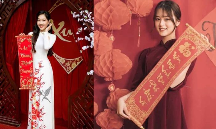 Chụp ảnh Tết cùng câu đối đỏ
