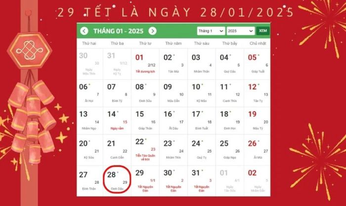 Ngày 30 Tết Dương lịch 2025 là ngày nào?