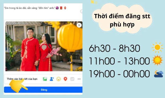 Lựa chọn khung giờ đăng bài là một yếu tố quan trọng để bài viết của bạn đạt được hiệu quả cao nhất. Đảm bảo rằng bạn chọn thời điểm mà đối tượng mục tiêu của bạn hoạt động nhiều nhất trên mạng xã hội.