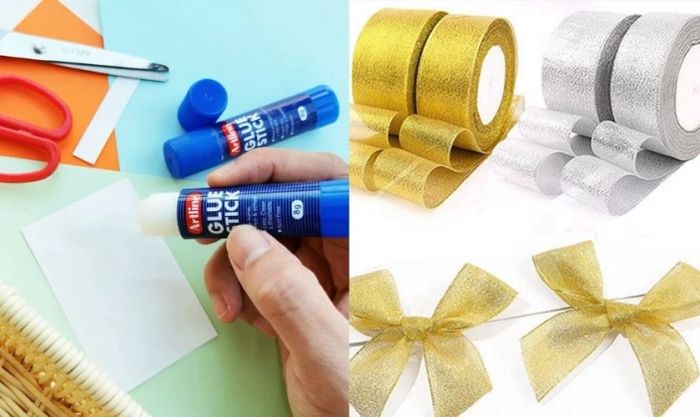 Sắp xếp kéo, keo dán, bút vẽ, đèn LED nhỏ và các phụ kiện như ruy băng hoặc kim tuyến để trang trí đẹp mắt.