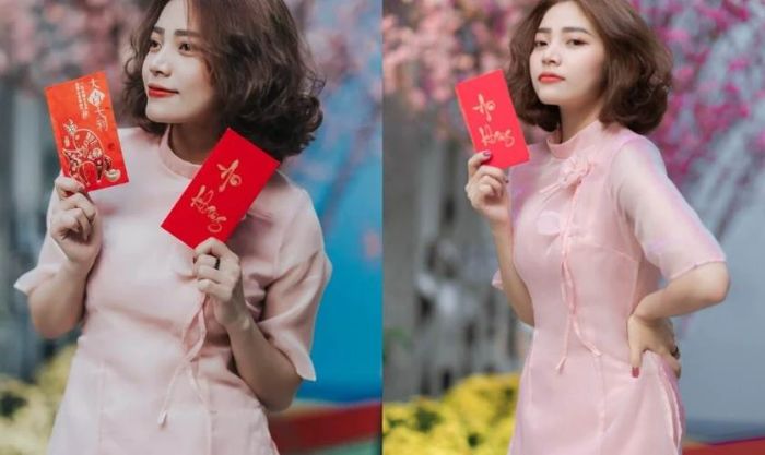 Cách tạo dáng chụp ảnh áo dài Tết kết hợp với bao lì xì