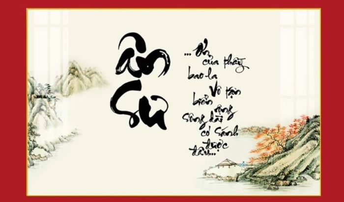Tranh thư pháp kết hợp với phong cảnh thiên nhiên tươi đẹp