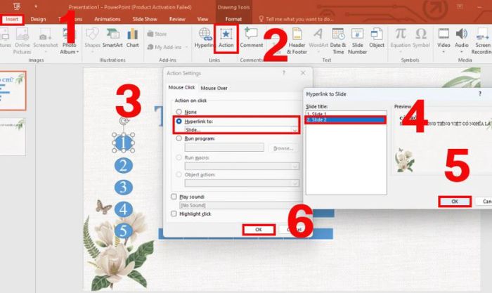 Tiếp tục vào thẻ Insert, chọn Action.