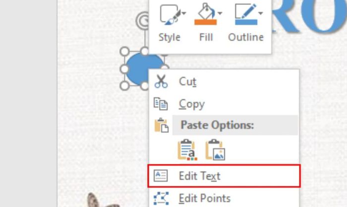 Nhấn chuột phải vào hình tròn, chọn Edit Text và nhập số thứ tự của câu hỏi vào trong đó