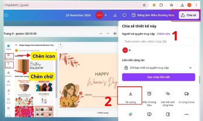 Sau khi hoàn tất thiết kế, nhấn Chia sẻ và Tải xuống để lưu vào máy tính