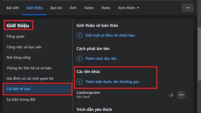 Đặt biệt danh trong hồ sơ Facebook cá nhân
