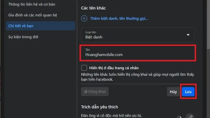 Cập nhật biệt danh hồ sơ Facebook trên máy tính