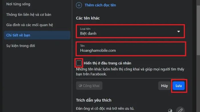 Đặt biệt danh trong hồ sơ Facebook cá nhân