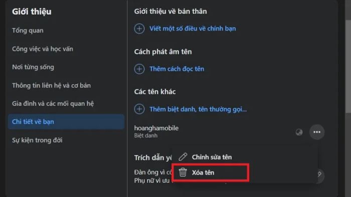 Hướng dẫn cách xóa biệt danh trên Facebook khi sử dụng máy tính