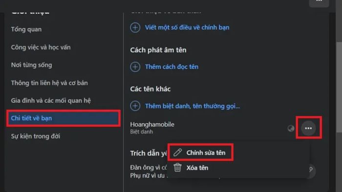 Cập nhật biệt danh hồ sơ Facebook trên máy tính