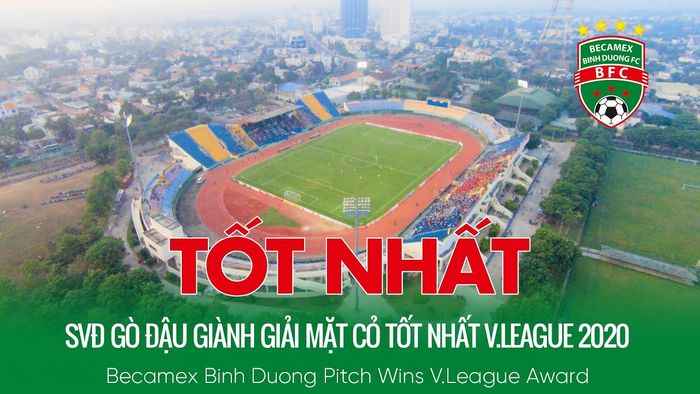 Go Dau Stadium won the Best Pitch Award in the V-League 2020, as shown in this image.
